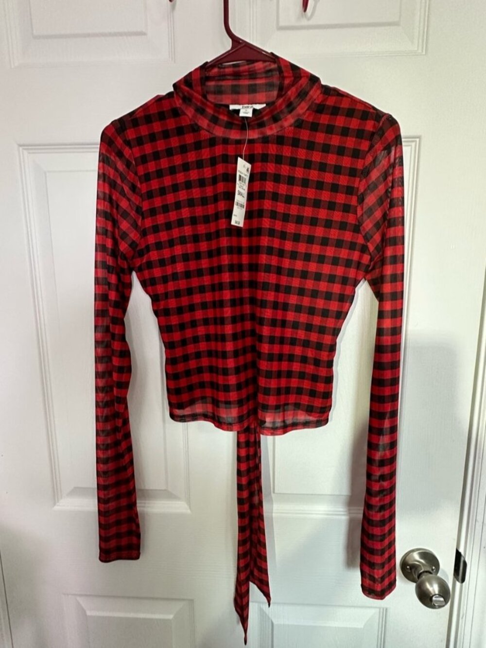 Red and Black Plaid Long-Sleeve Tie-Back Top